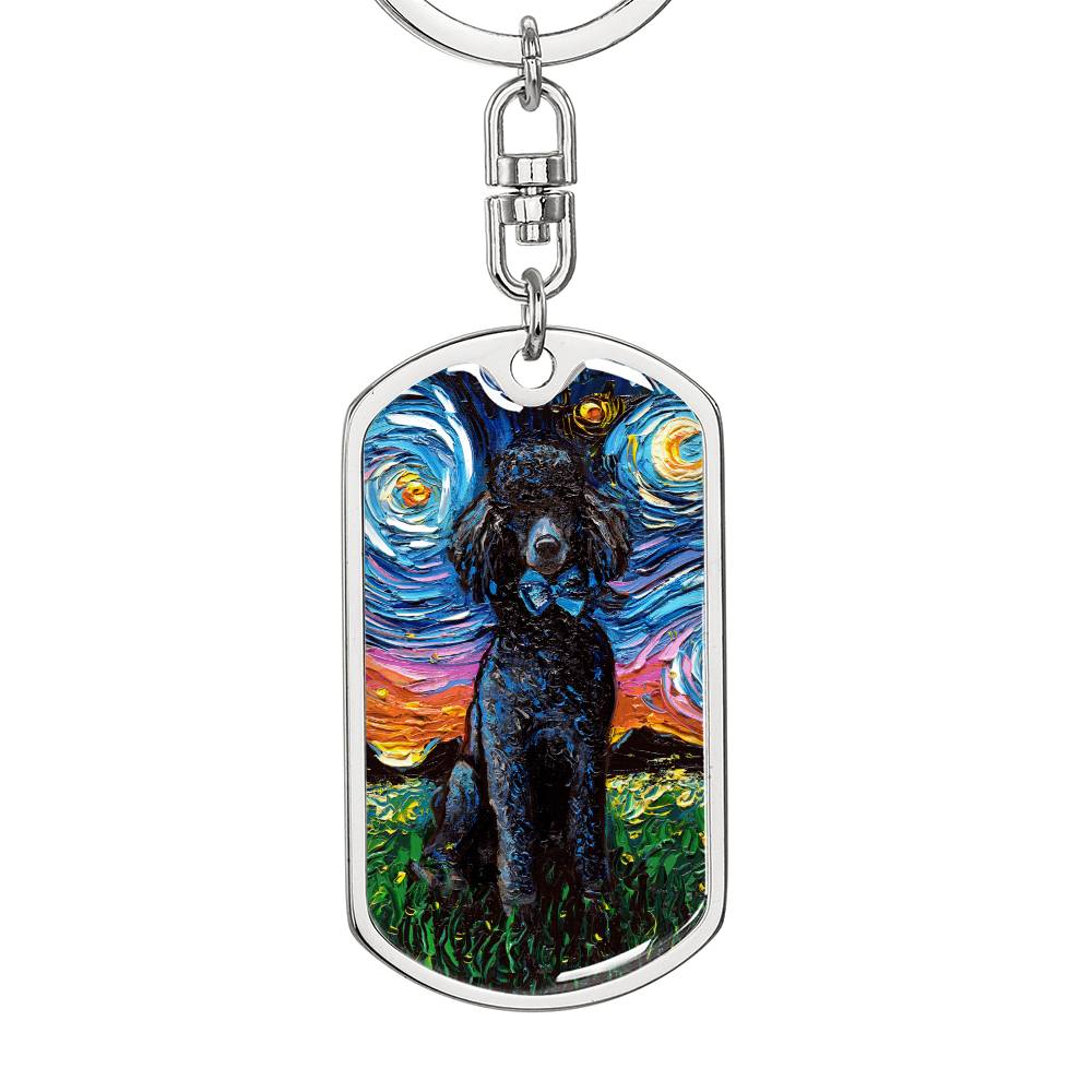 Black Poodle Starry Night Dog Tag Keychain