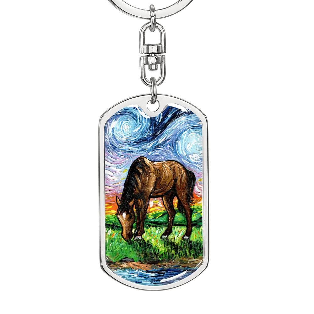Horse in Meadow Starry Night Dog Tag Keychain