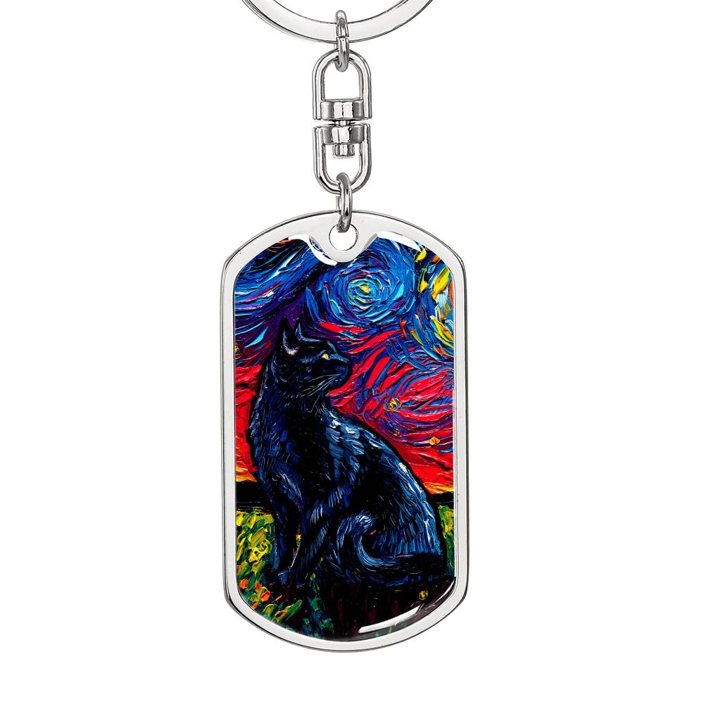 Black Cat Starry Night Dog Tag Keychain