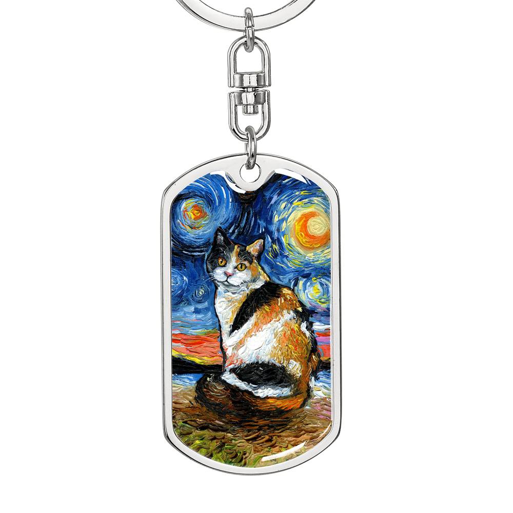 Calico Starry Night Dog Tag Keychain