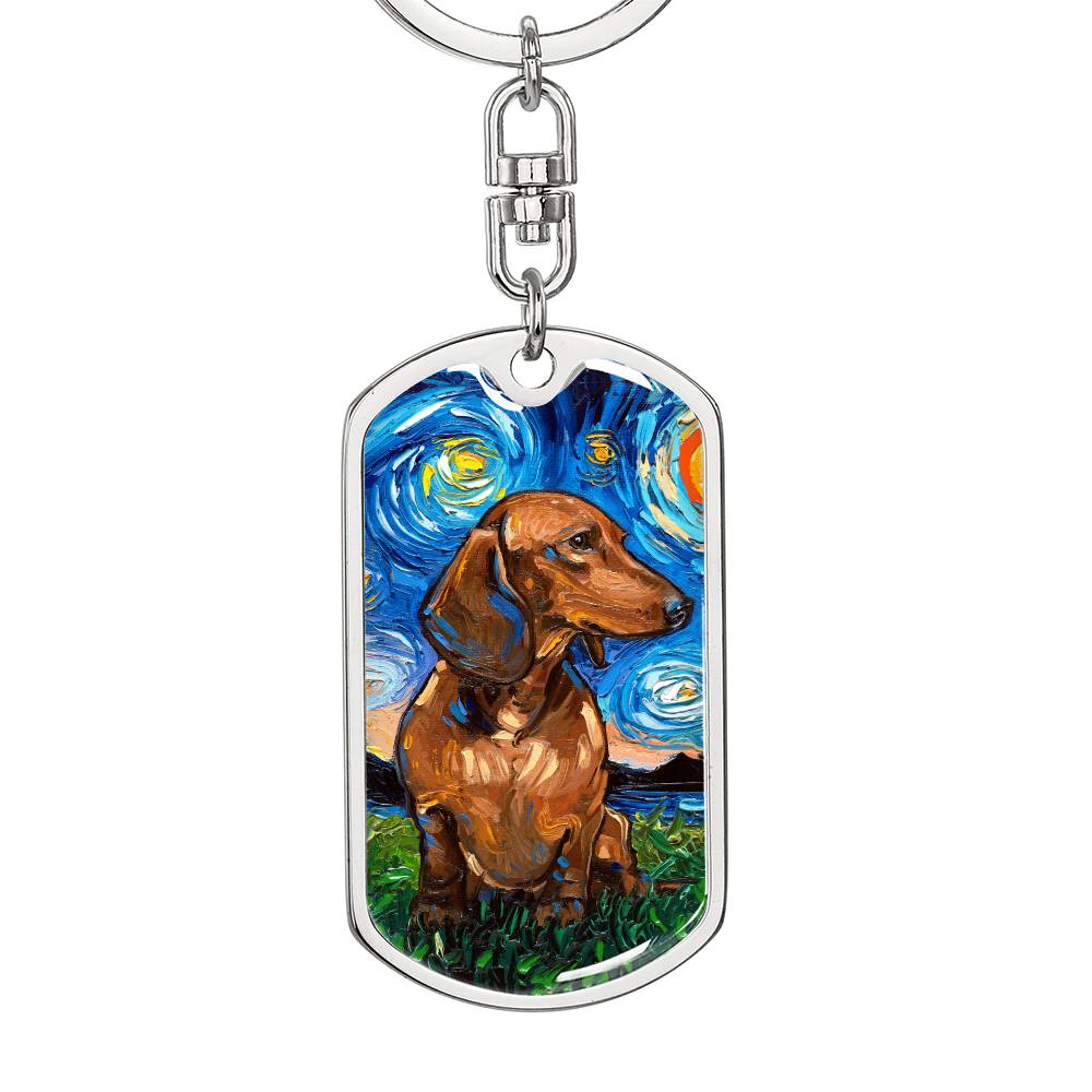 Brown Dachshund Starry Night Dog Tag Keychain