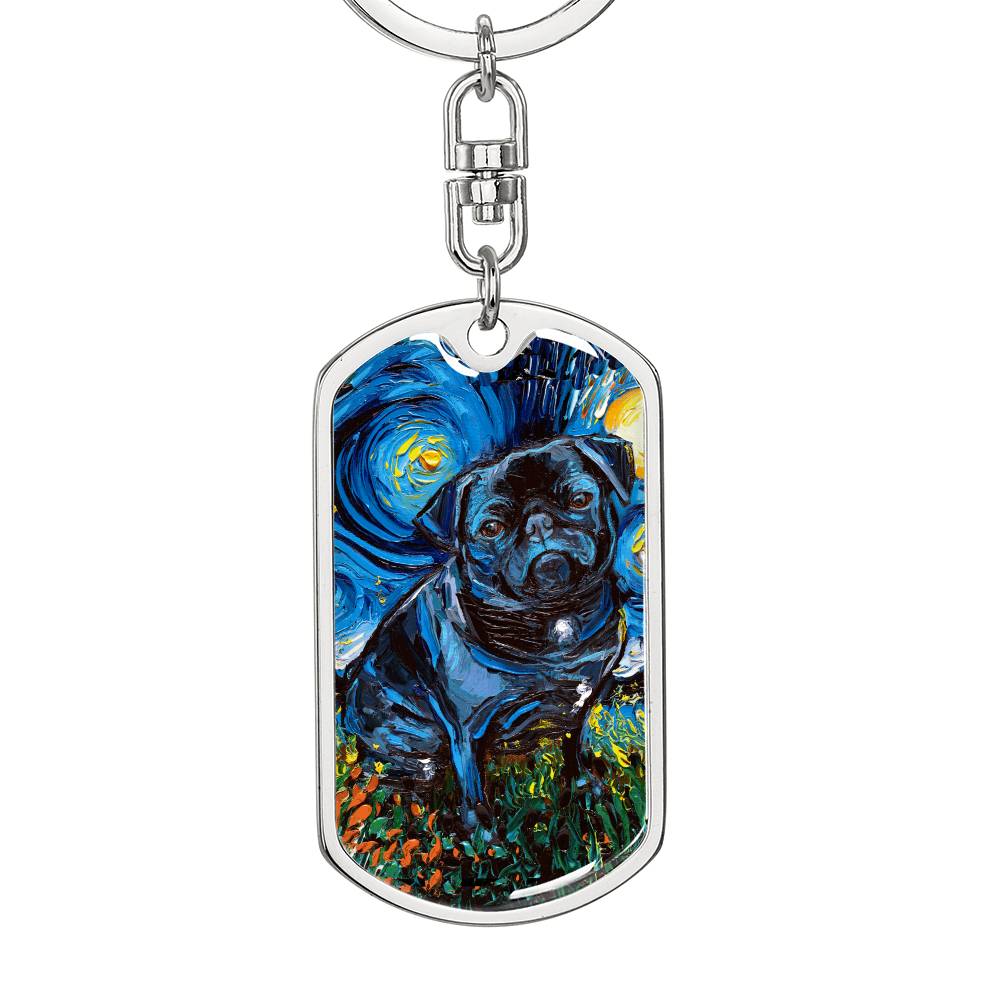 Black Pug Starry Night Dog Tag Keychain