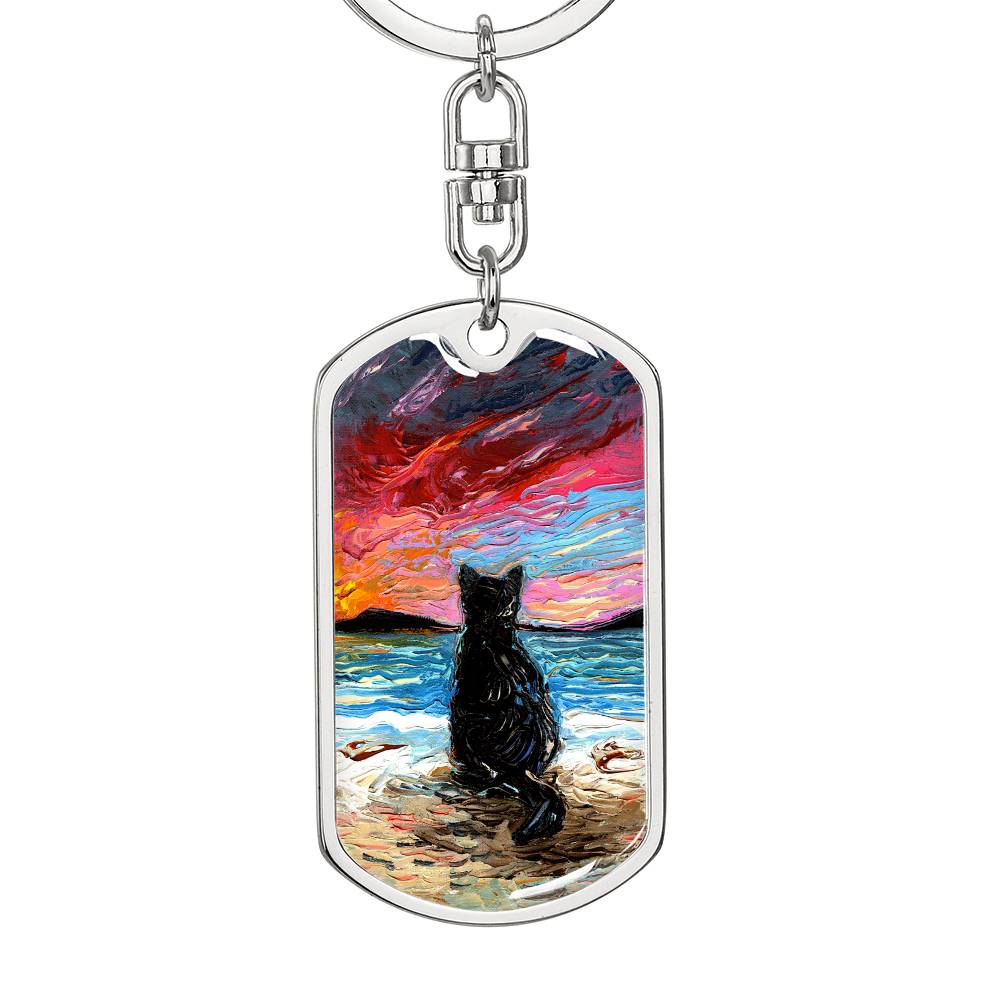 Beach Days - Black Cat Starry Night Dog Tag Keychain