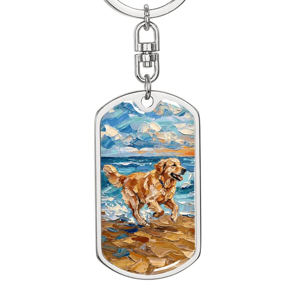 Frolicking Golden Retriever Dog Tag Keychain