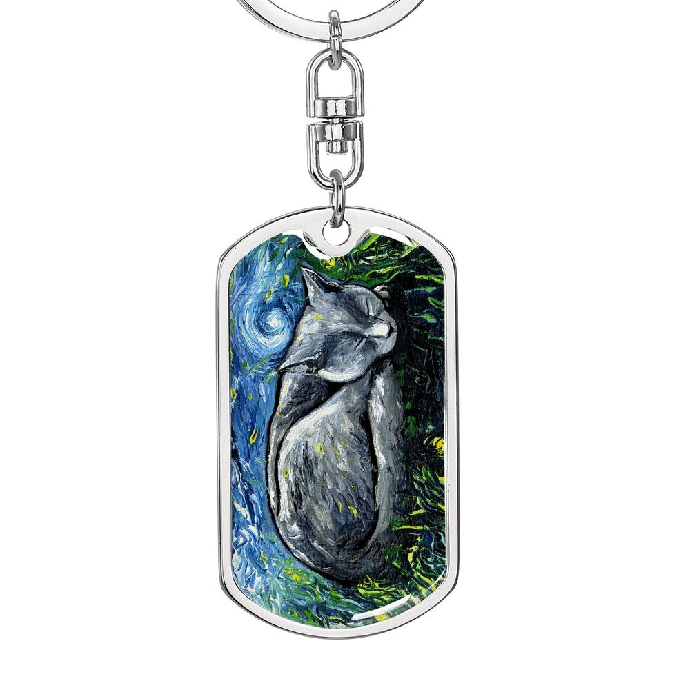 Russian Blue Cat Dog Tag Keychain