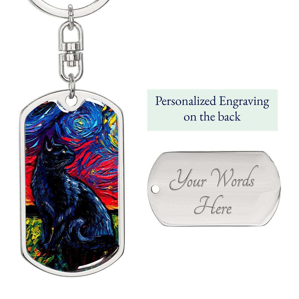 Black Cat Starry Night Dog Tag Keychain