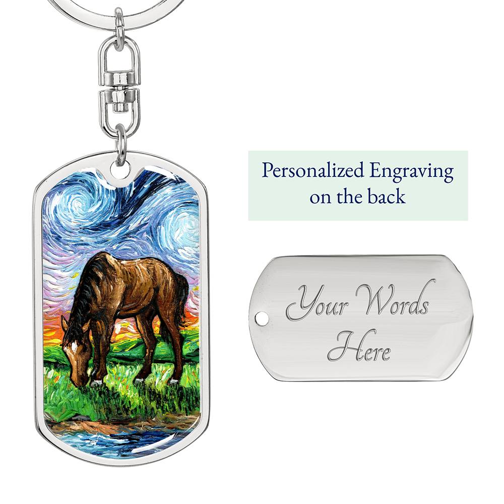 Horse in Meadow Starry Night Dog Tag Keychain