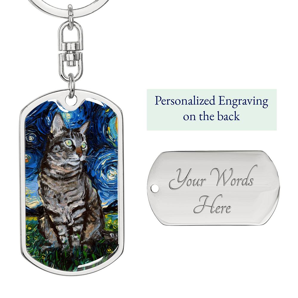 Tabby Cat Starry Night Dog Tag Keychain