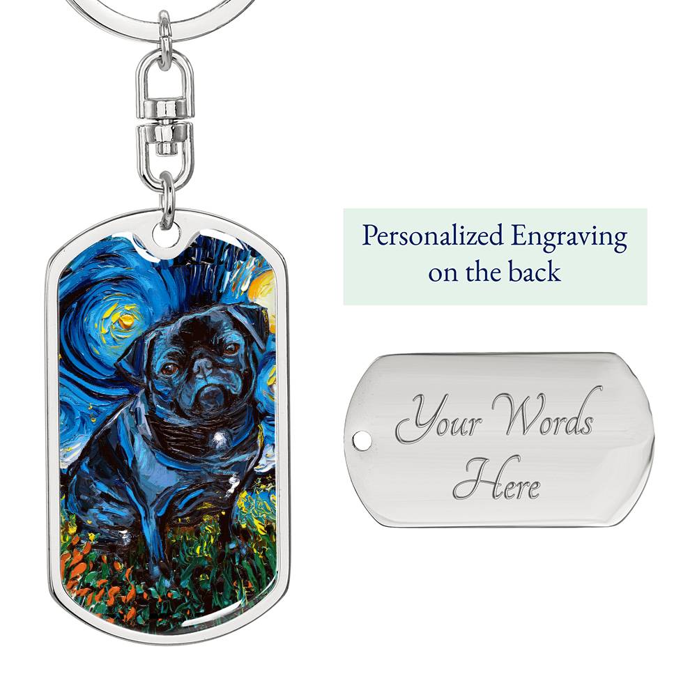 Black Pug Starry Night Dog Tag Keychain