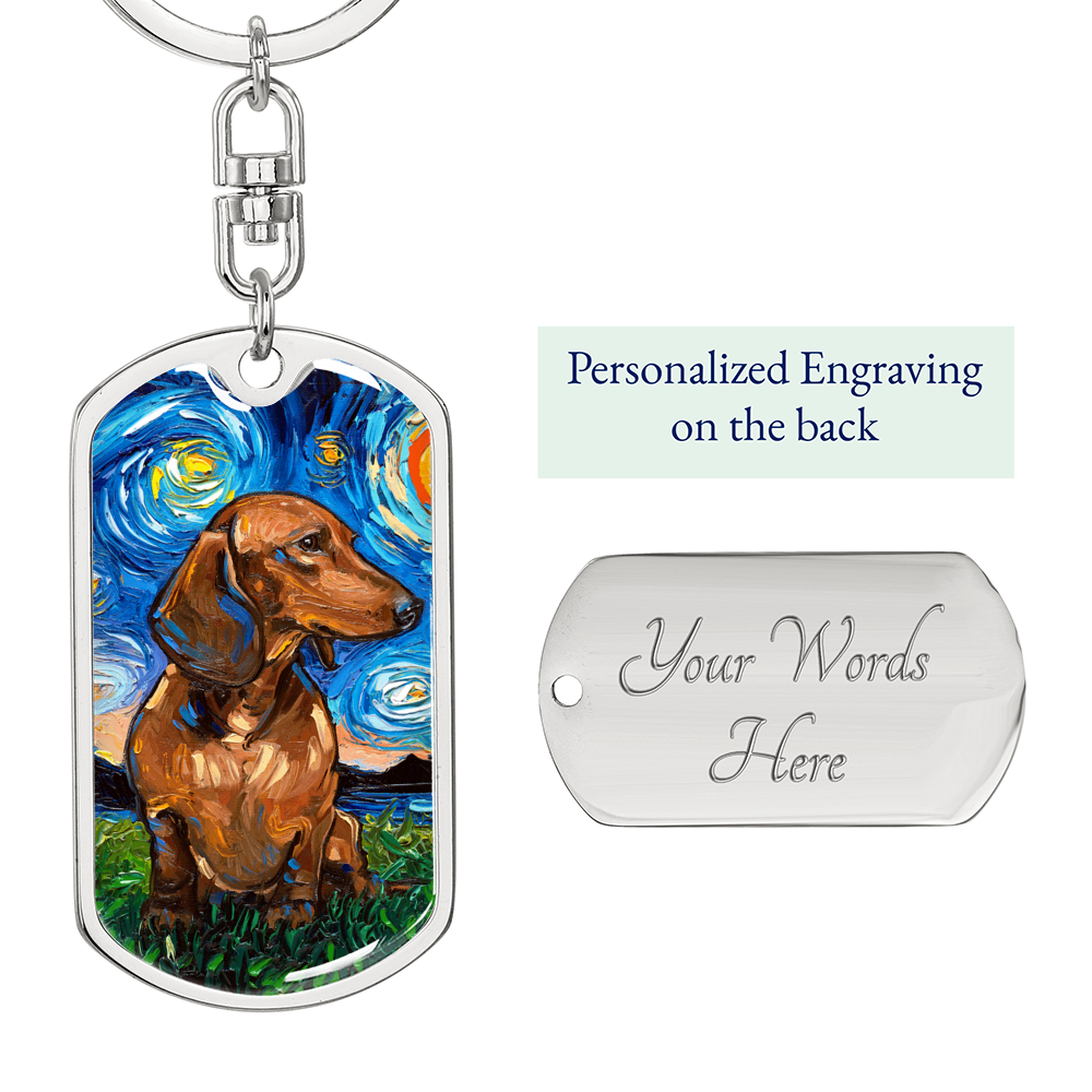 Brown Dachshund Starry Night Dog Tag Keychain