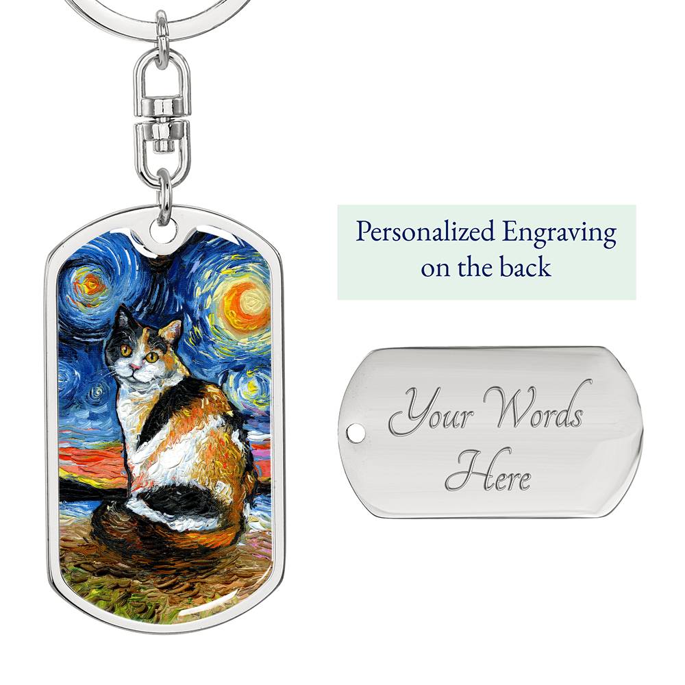 Calico Starry Night Dog Tag Keychain