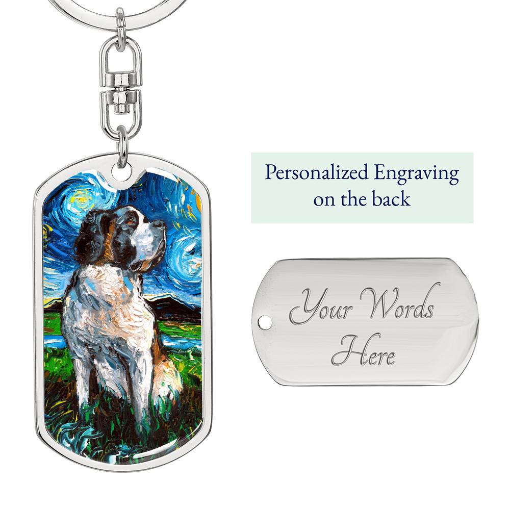 Saint Bernard Starry Night Dog Tag Keychain