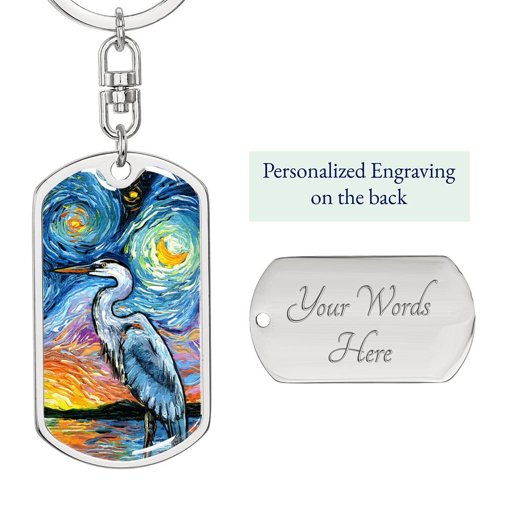 Blue Heron Starry Night Dog Tag Keychain