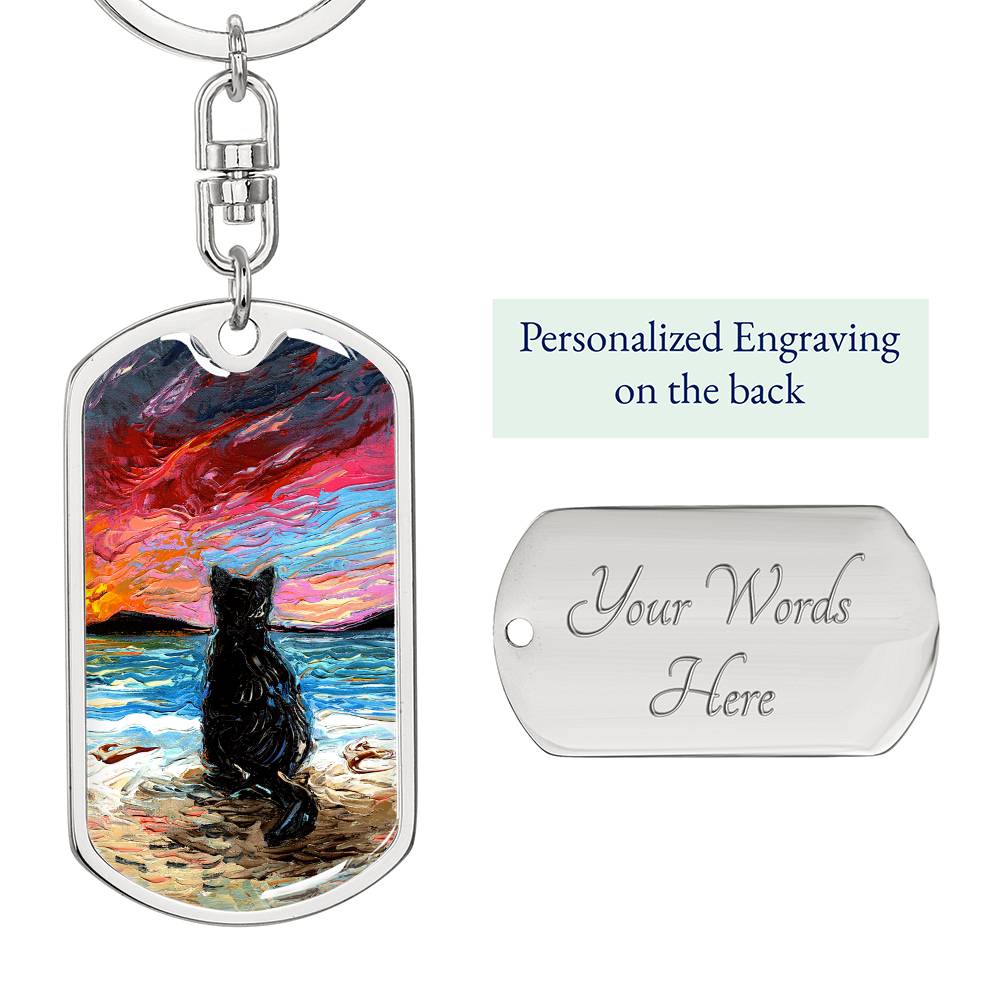 Beach Days - Black Cat Starry Night Dog Tag Keychain