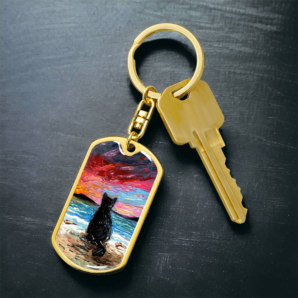Beach Days - Black Cat Starry Night Dog Tag Keychain