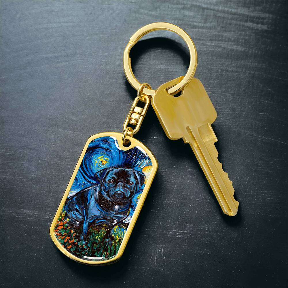 Black Pug Starry Night Dog Tag Keychain