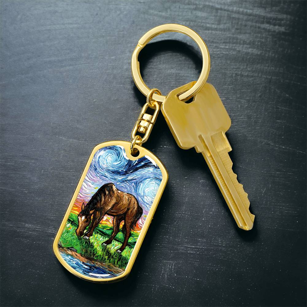 Horse in Meadow Starry Night Dog Tag Keychain