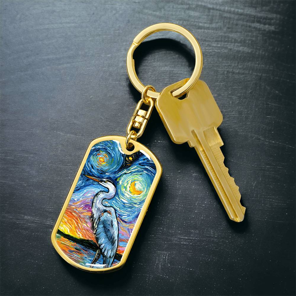 Blue Heron Starry Night Dog Tag Keychain