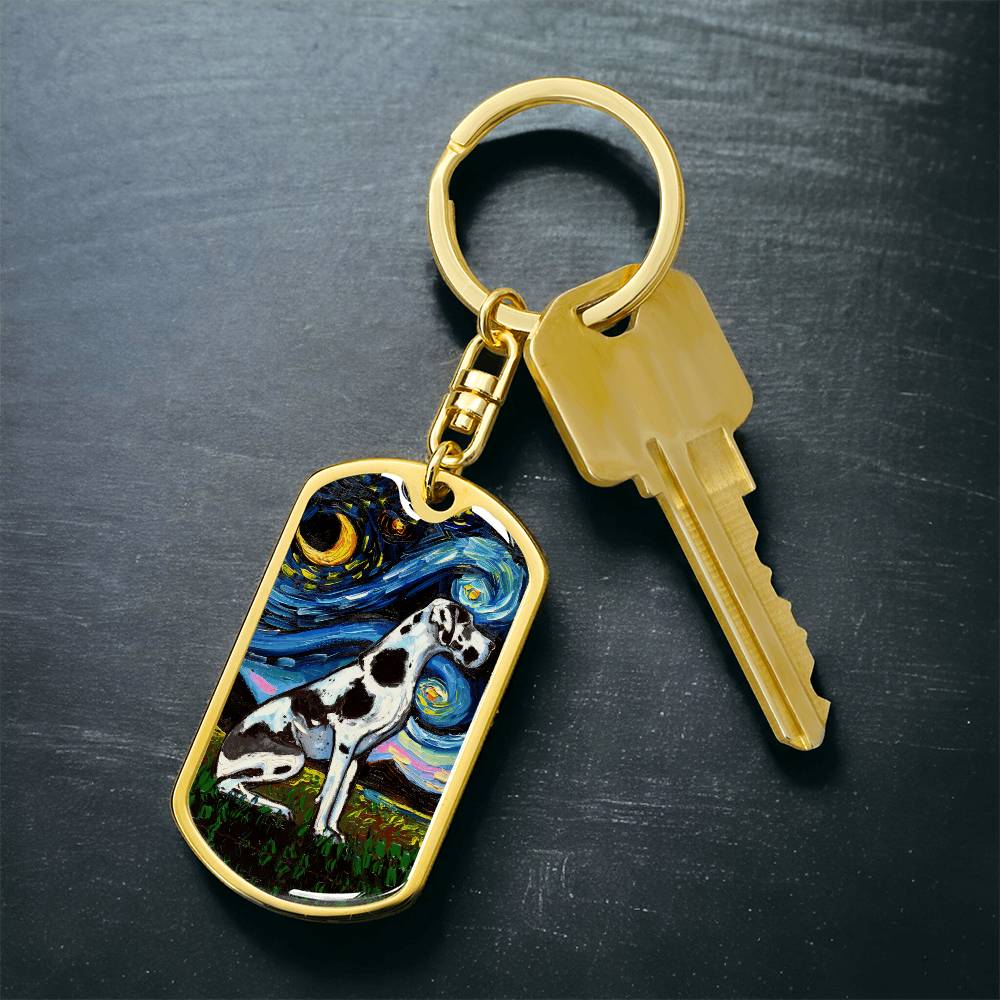 Harlequin Great Dane Starry Night Dog Tag Keychain