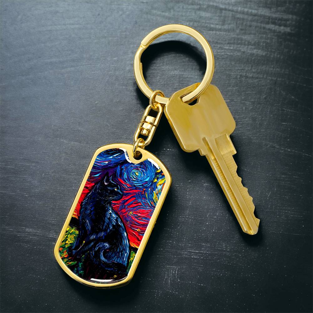 Black Cat Starry Night Dog Tag Keychain