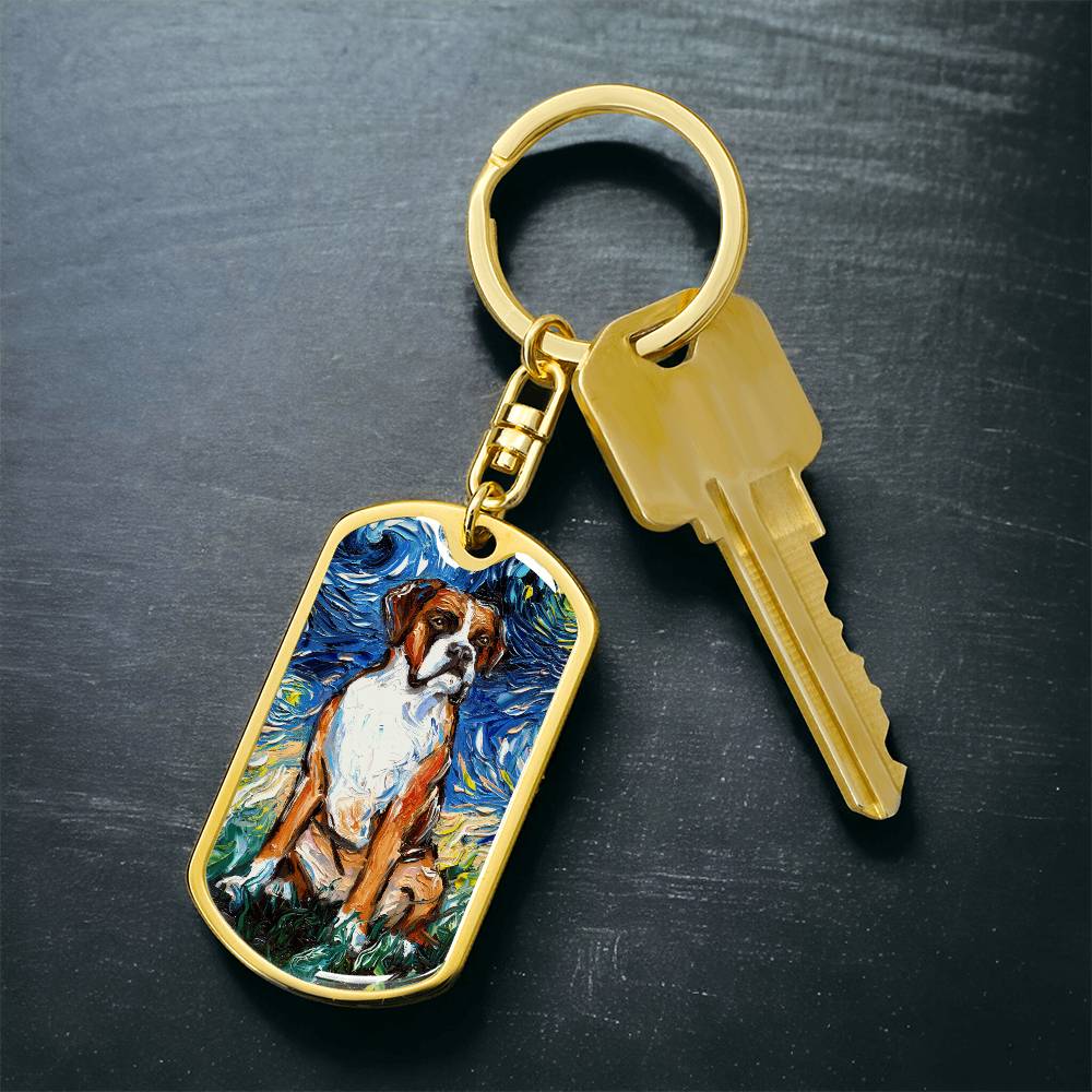 Boxer Starry Night Dog Tag Keychain