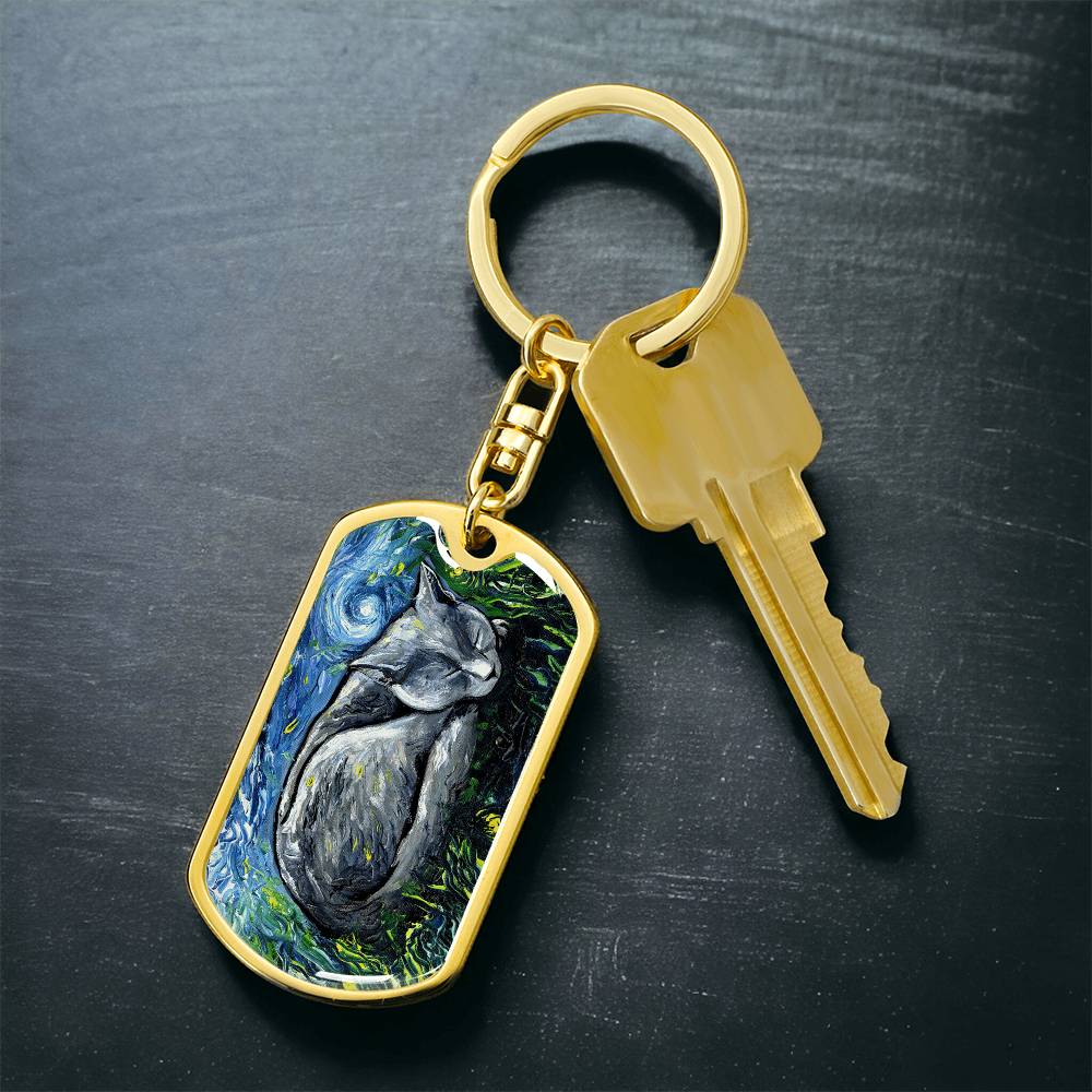 Russian Blue Cat Dog Tag Keychain