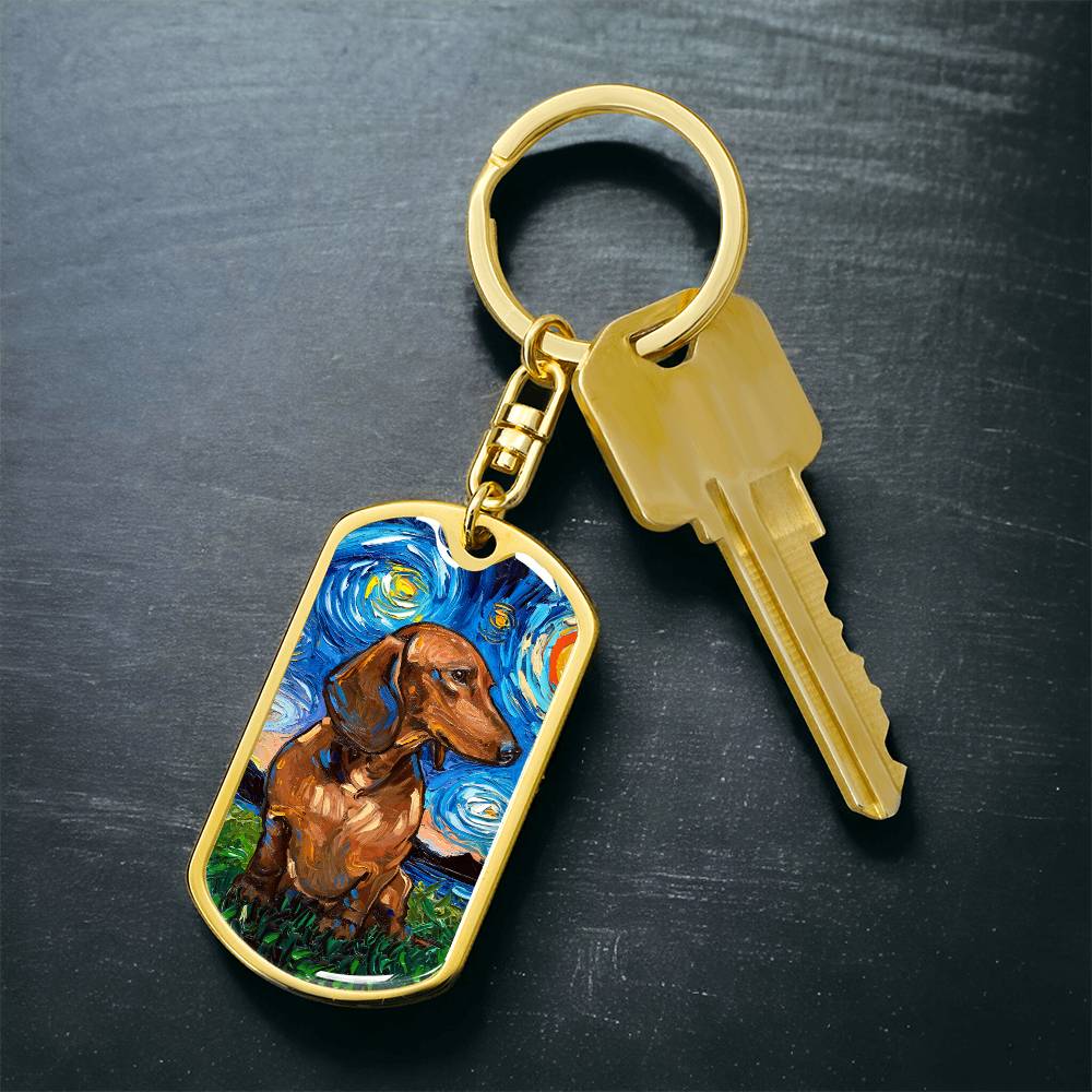 Brown Dachshund Starry Night Dog Tag Keychain