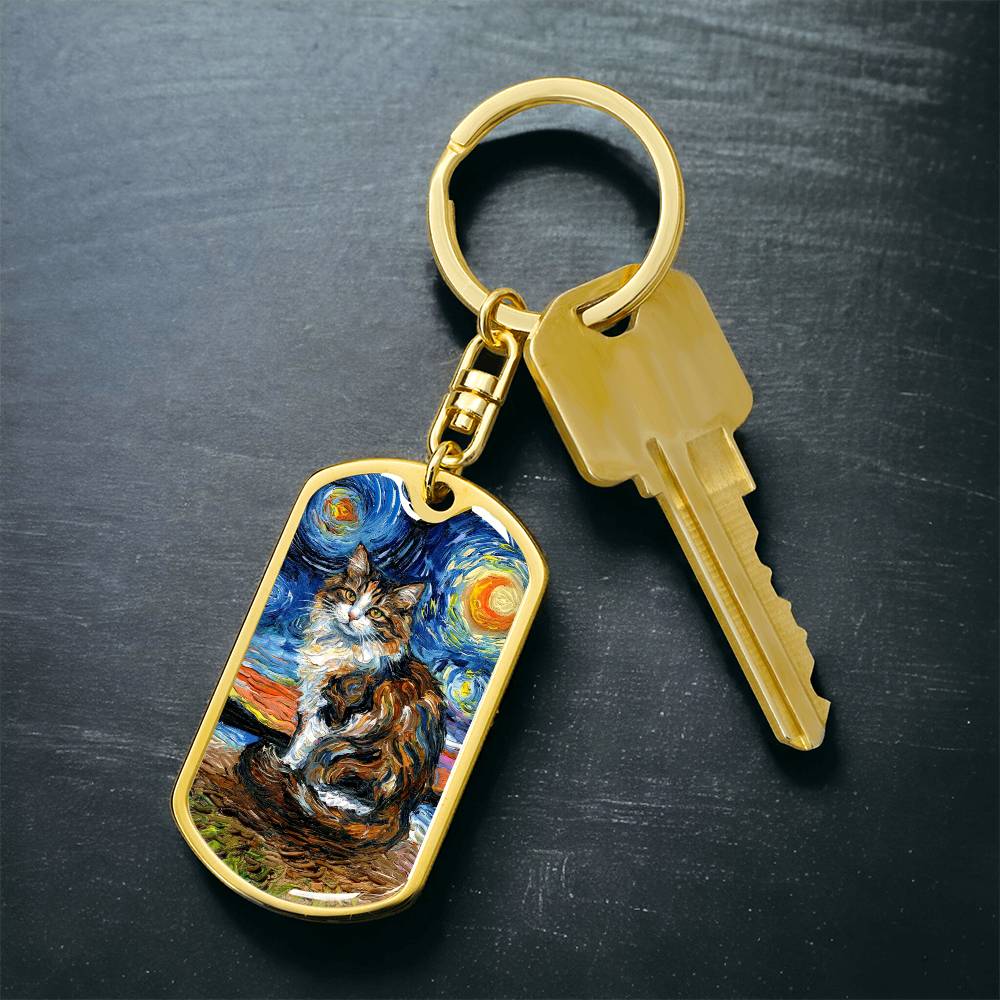 Calico Cat 2 Starry Night Dog Tag Keychain