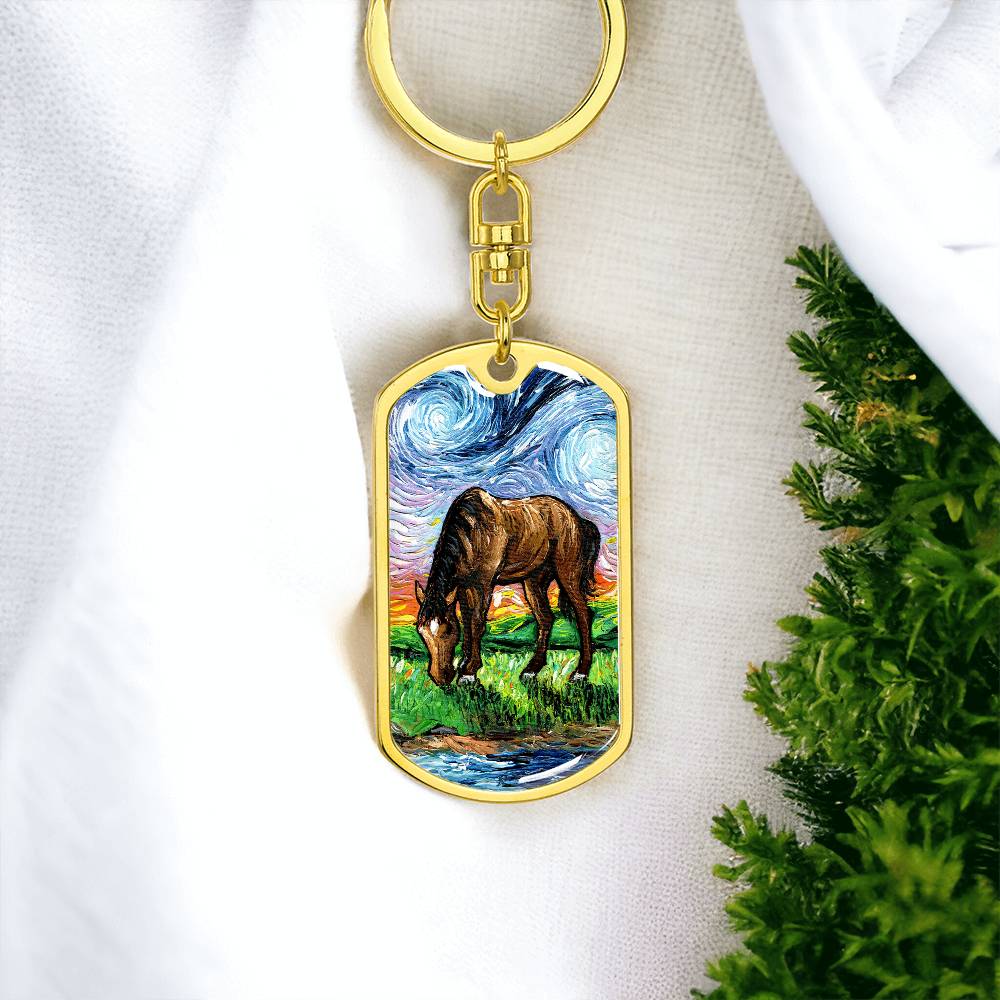 Horse in Meadow Starry Night Dog Tag Keychain