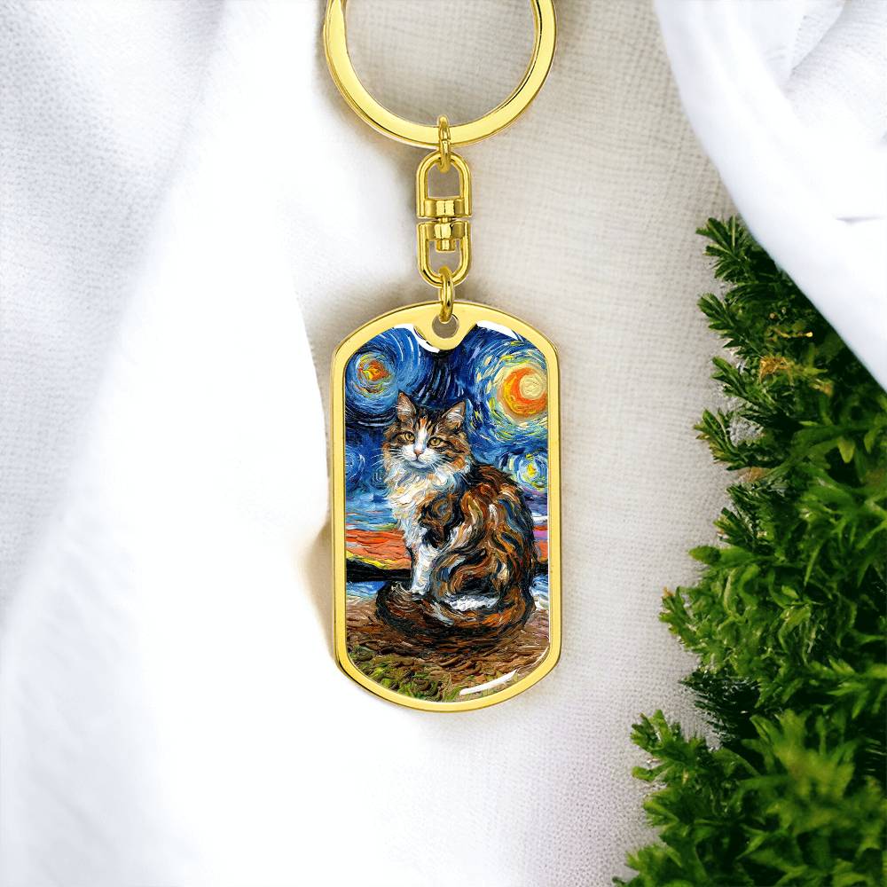 Calico Cat 2 Starry Night Dog Tag Keychain