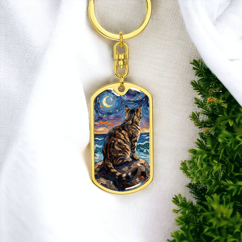Beach Nights - Brown Tabby Cat Dog Tag Keychain