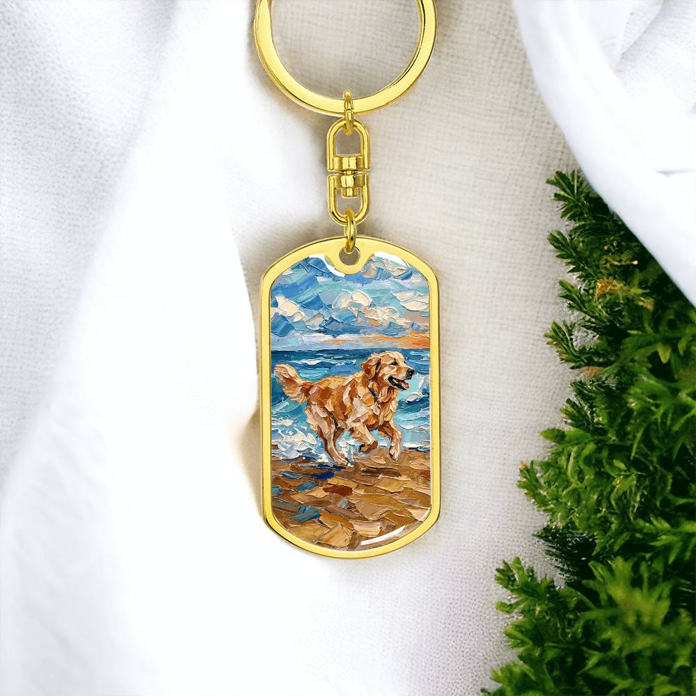 Frolicking Golden Retriever Dog Tag Keychain