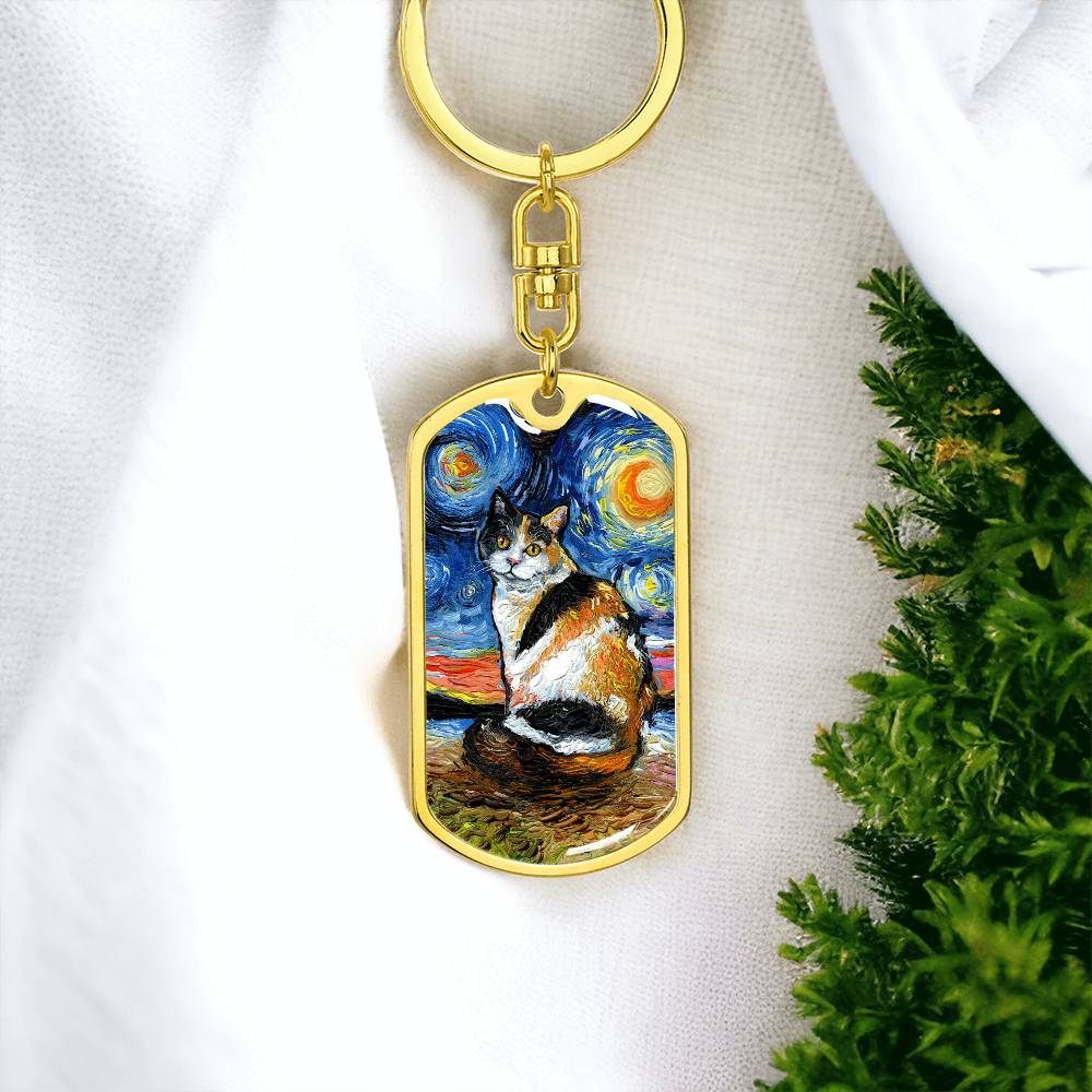 Calico Starry Night Dog Tag Keychain