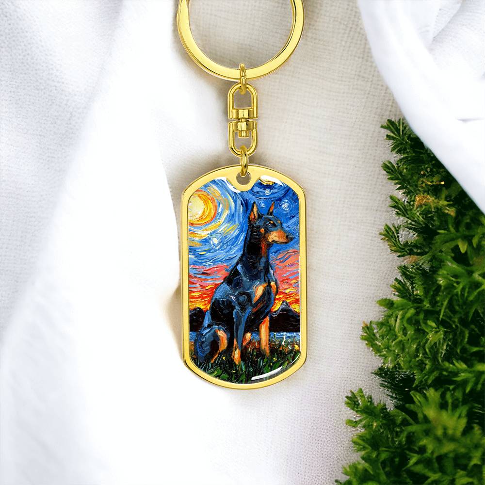 Doberman Starry Night Dog Tag Keychain