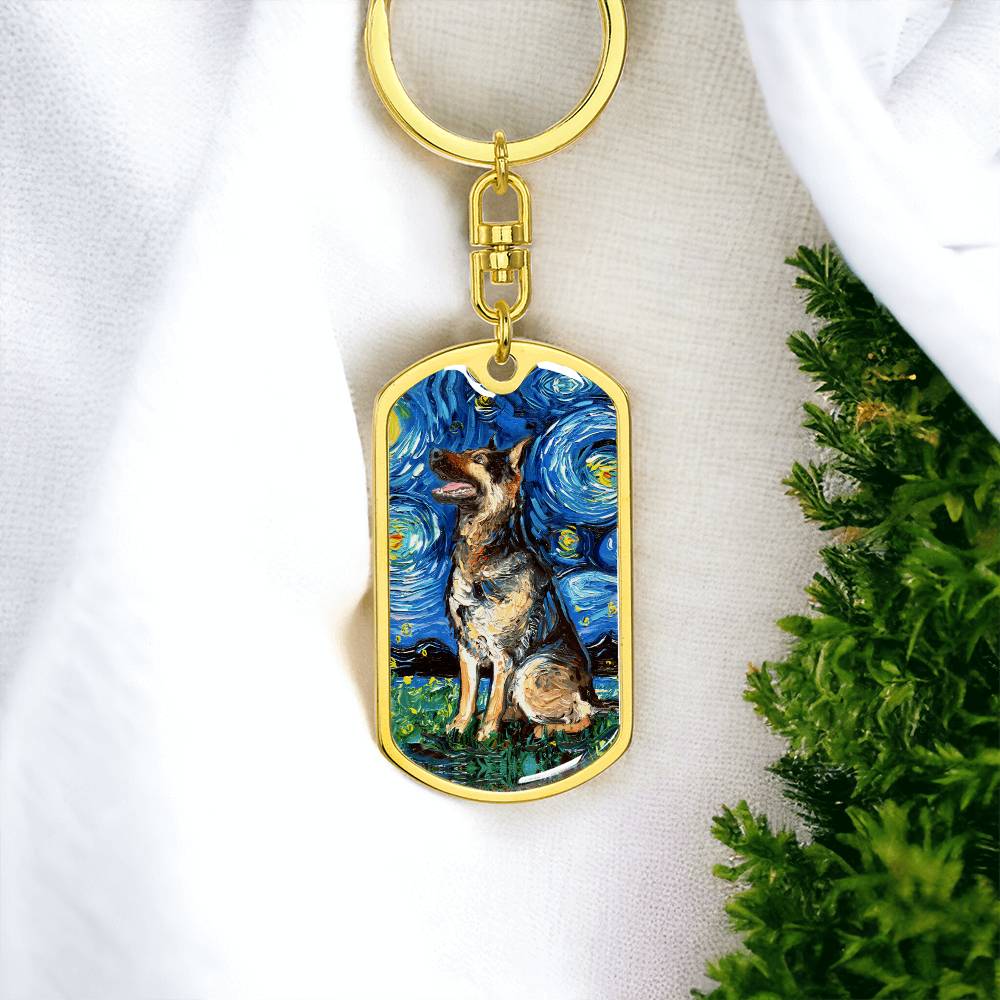 German Shepherd Starry Night Dog Tag Keychain