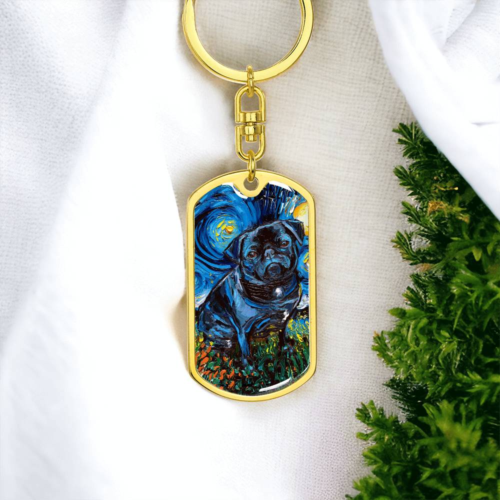 Black Pug Starry Night Dog Tag Keychain