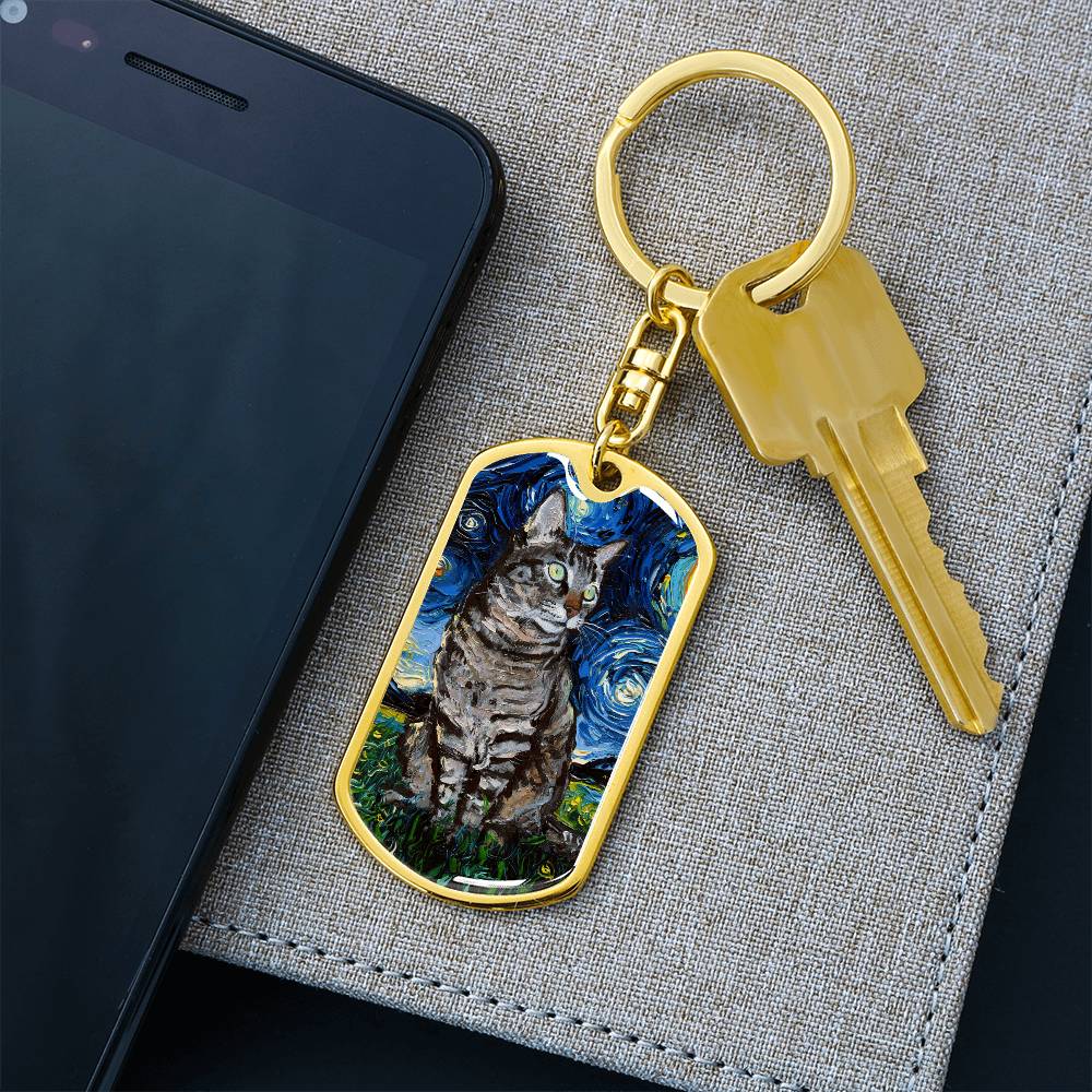 Tabby Cat Starry Night Dog Tag Keychain