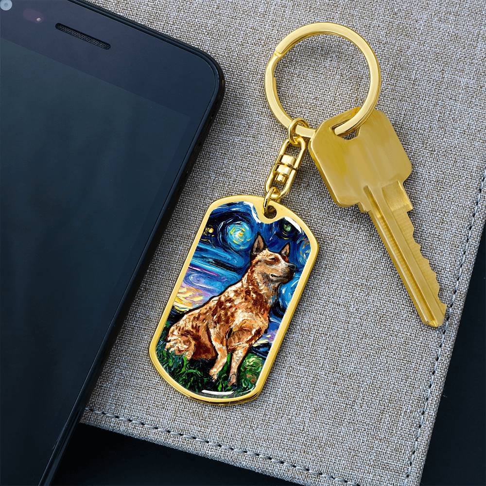 Red Heeler Starry Night Dog Tag Keychain