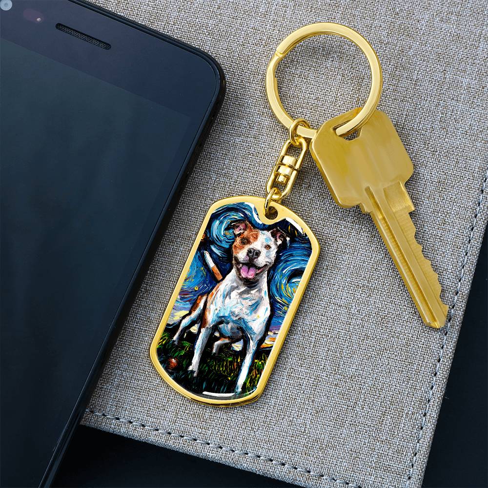 Happy Pitbull Starry Night Dog Tag Keychain