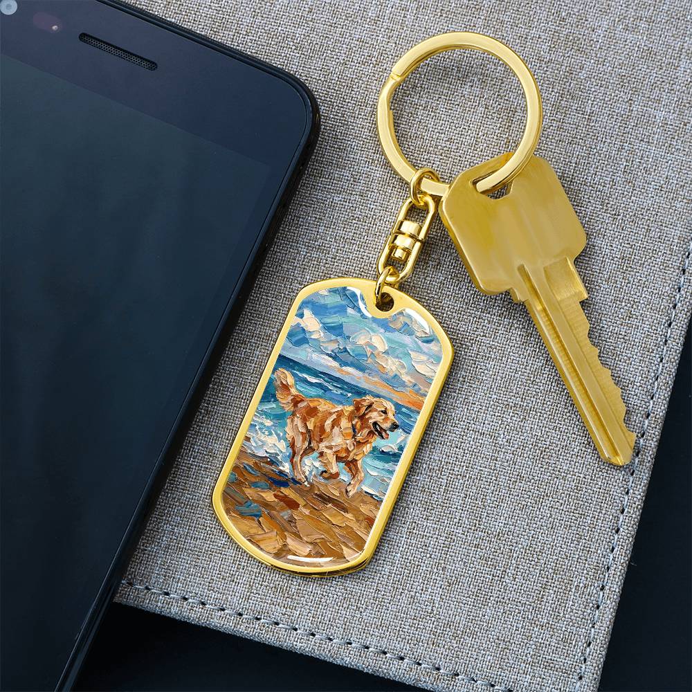 Frolicking Golden Retriever Dog Tag Keychain