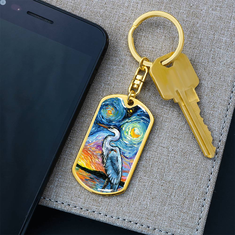 Blue Heron Starry Night Dog Tag Keychain
