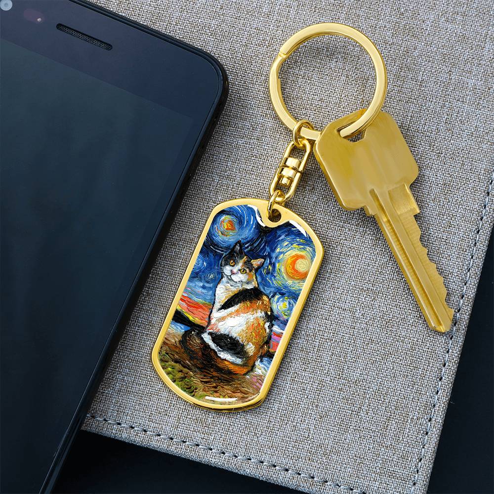 Calico Starry Night Dog Tag Keychain