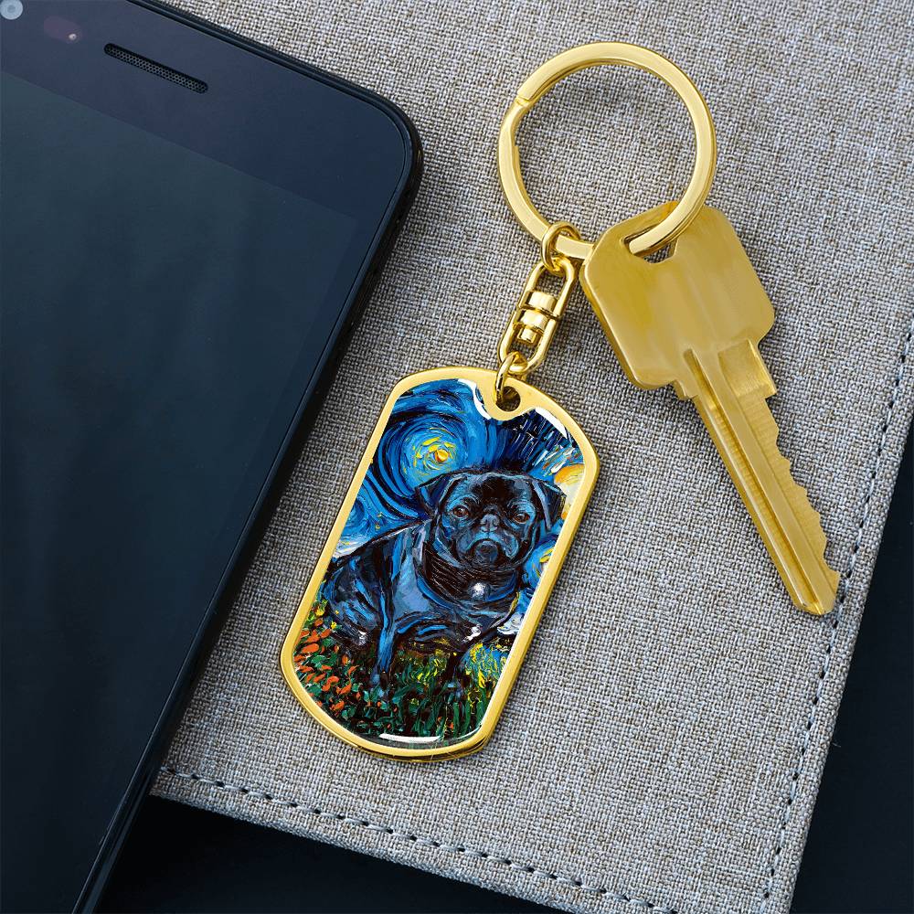 Black Pug Starry Night Dog Tag Keychain