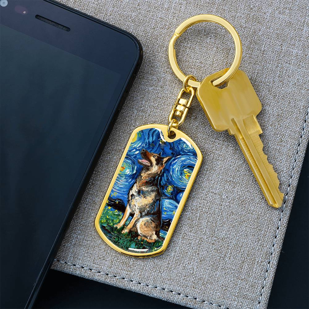 German Shepherd Starry Night Dog Tag Keychain