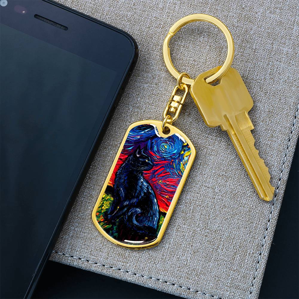 Black Cat Starry Night Dog Tag Keychain
