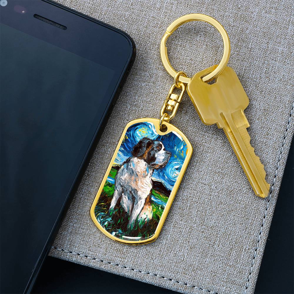 Saint Bernard Starry Night Dog Tag Keychain
