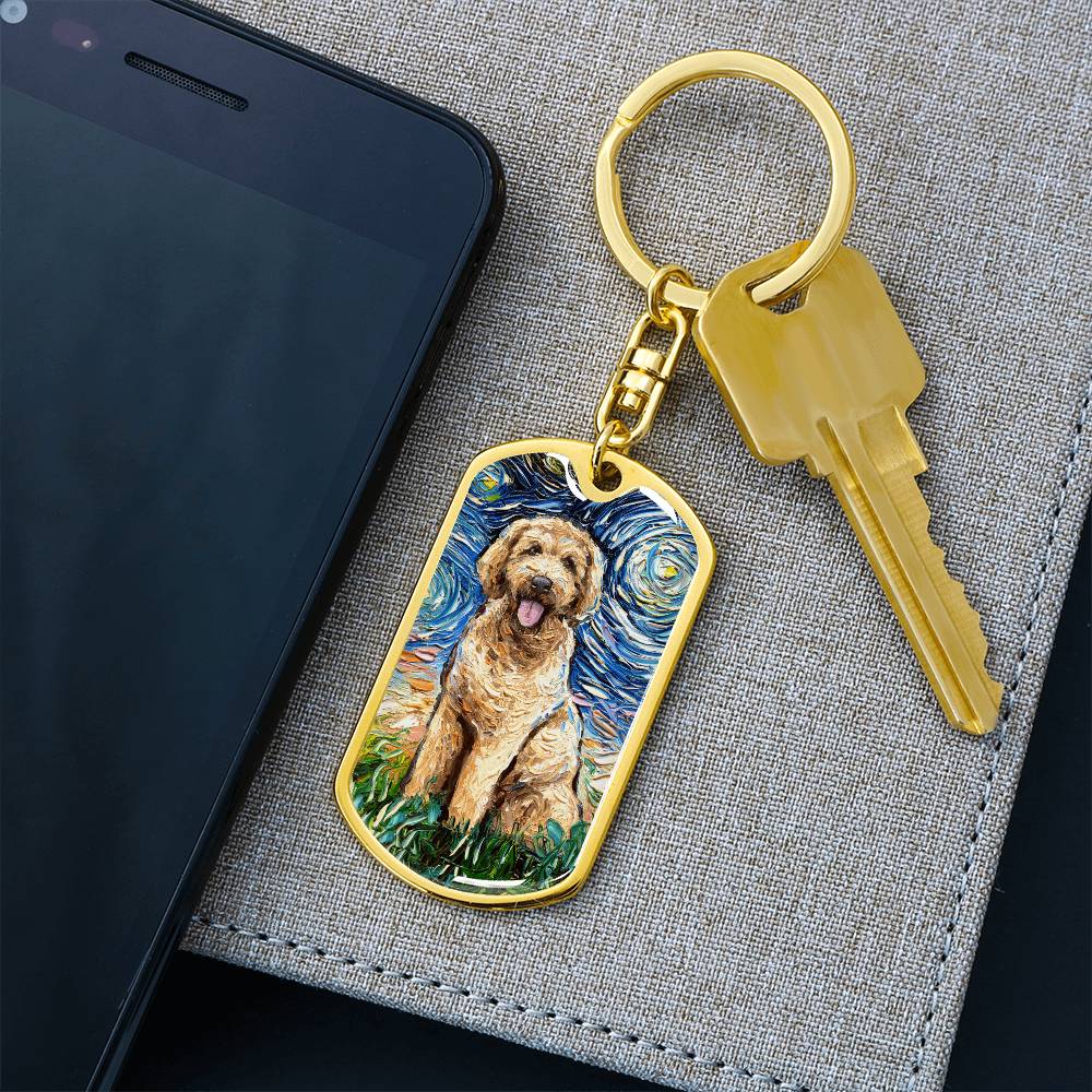Goldendoodle Starry Night Dog Tag Keychain