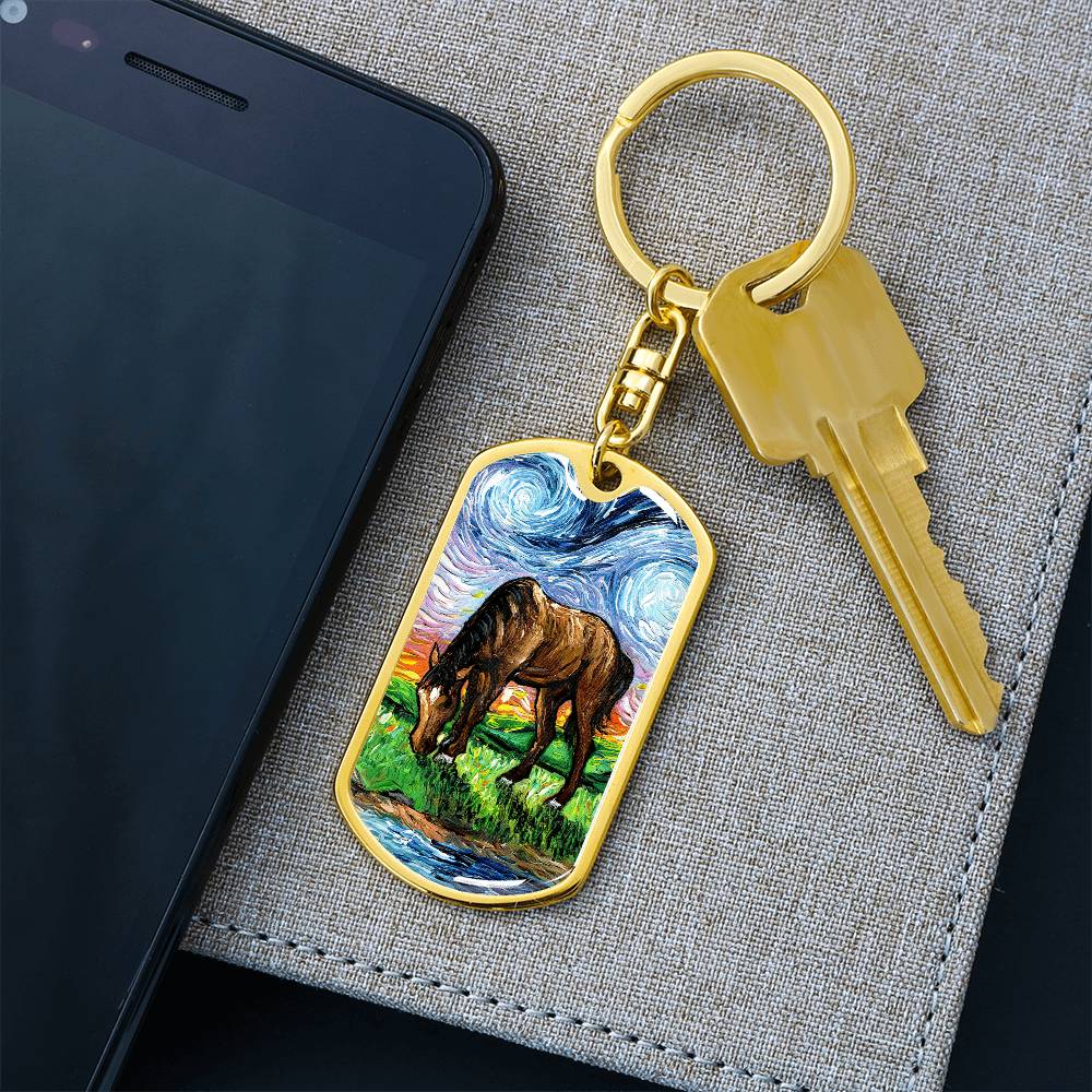Horse in Meadow Starry Night Dog Tag Keychain