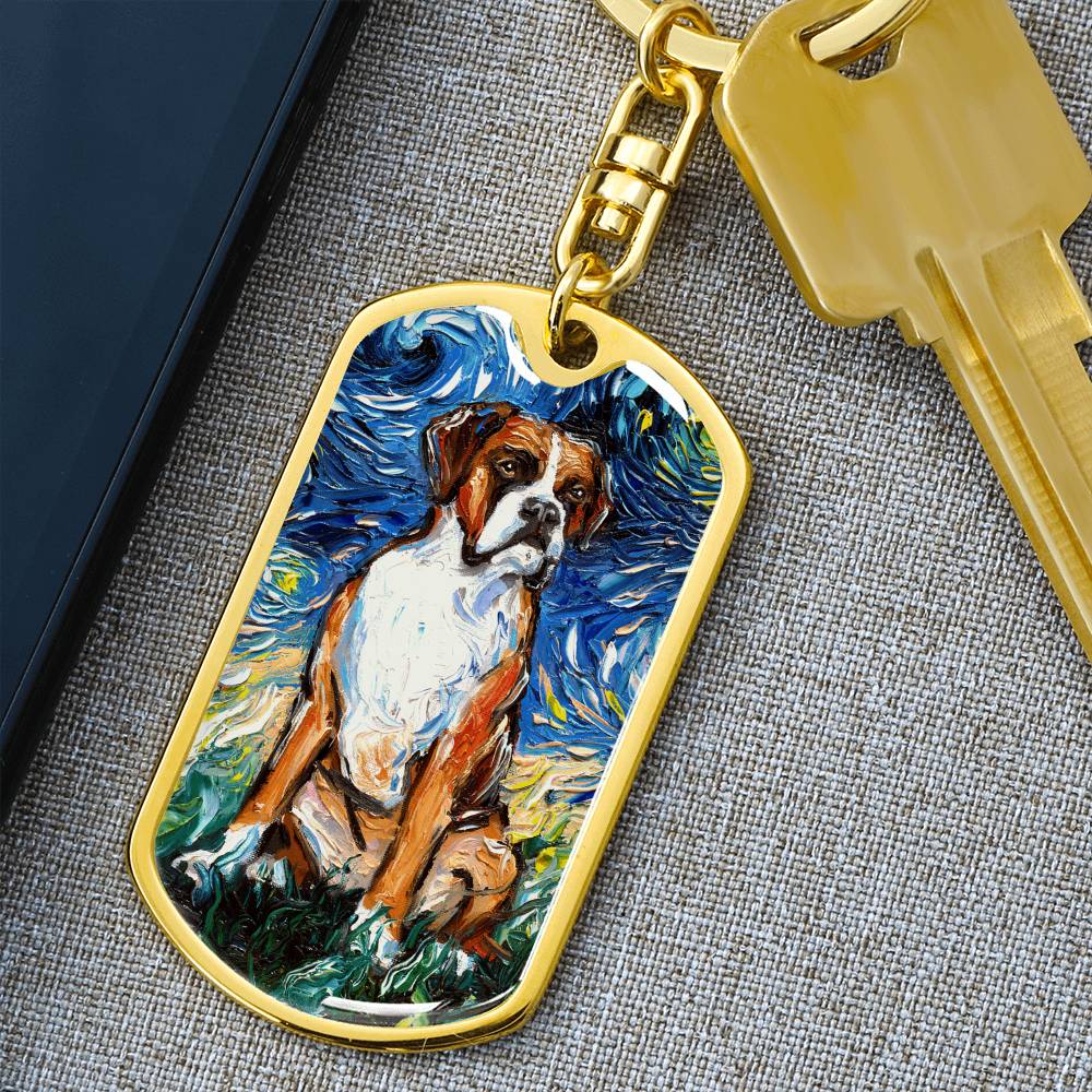 Boxer Starry Night Dog Tag Keychain