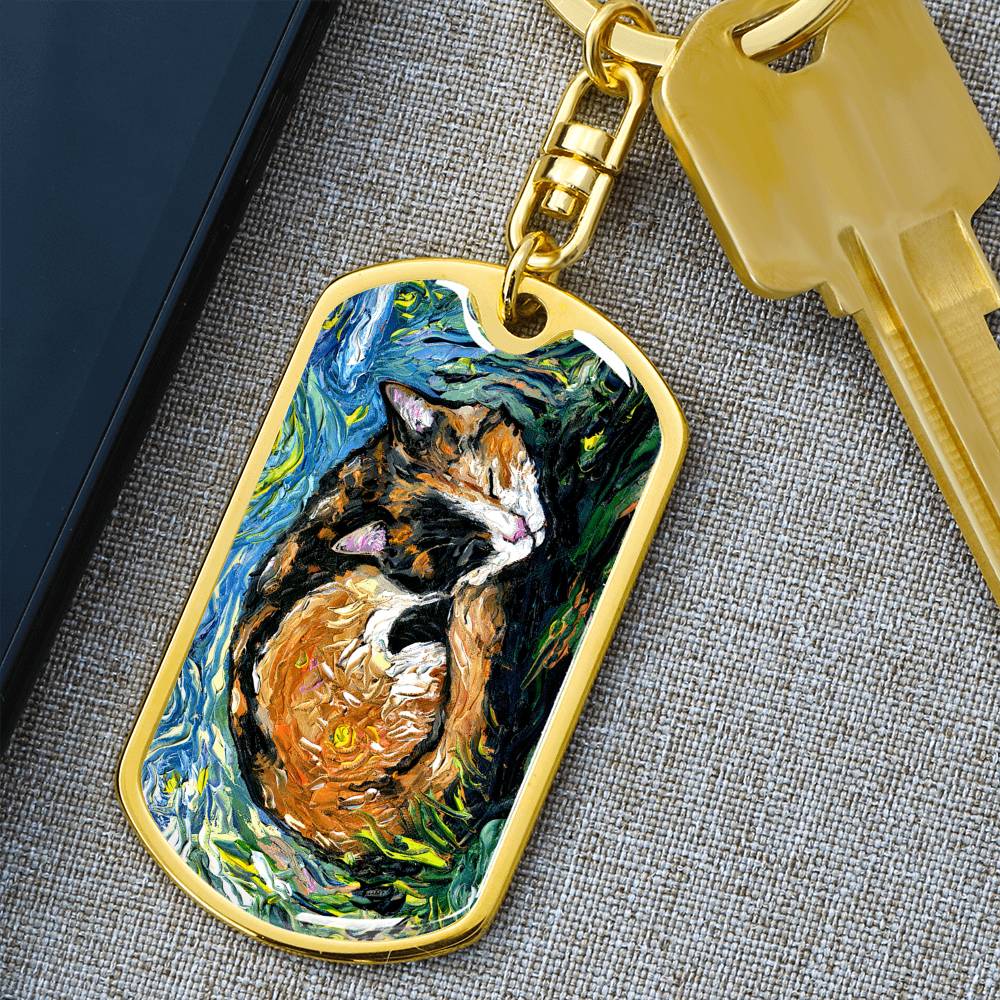 Sleeping Calico Dog Tag Keychain